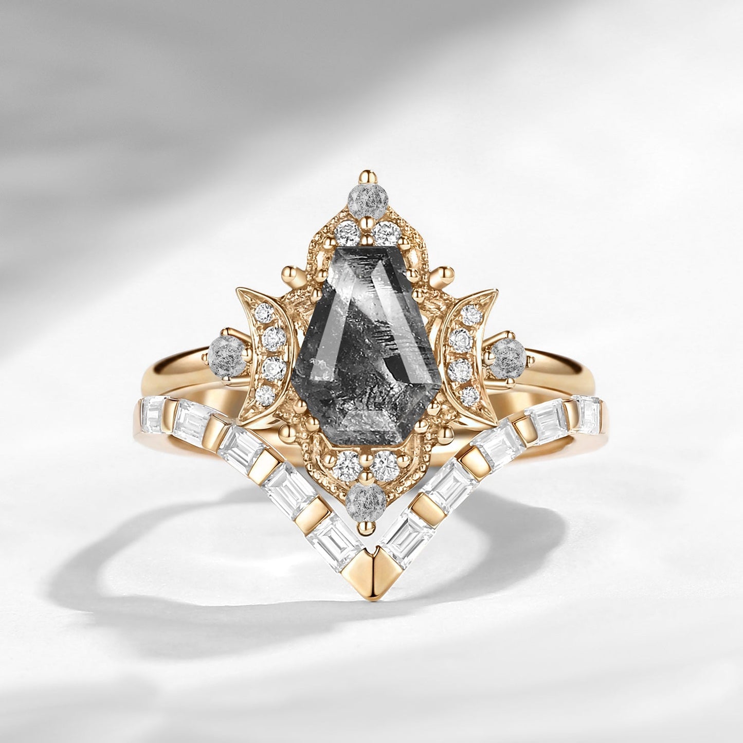 Crescent Moon | Curved Coffin Cut Herkimer Diamond Engagement Ring Set 2pcs