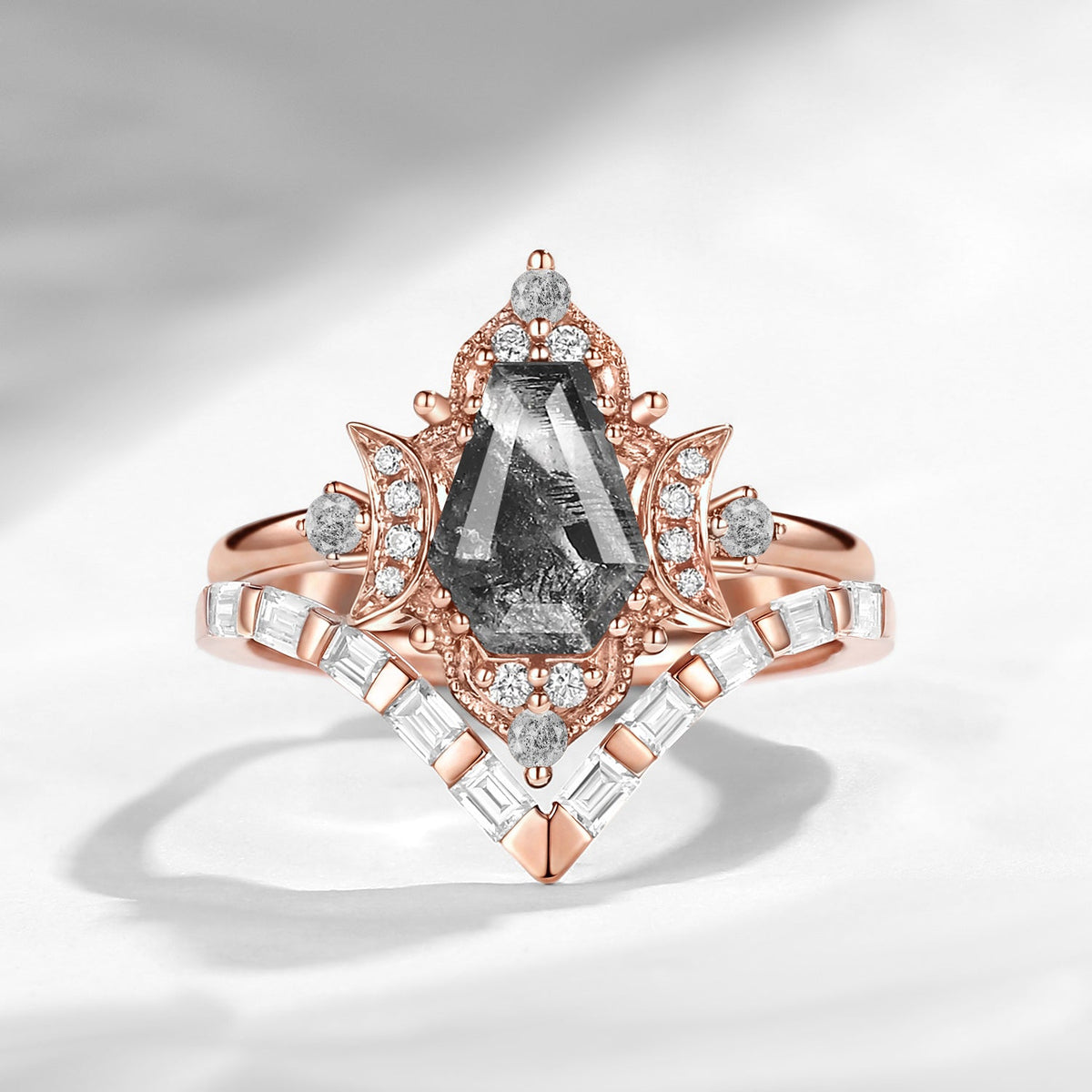 Crescent Moon | Curved Coffin Cut Herkimer Diamond Engagement Ring Set 2pcs