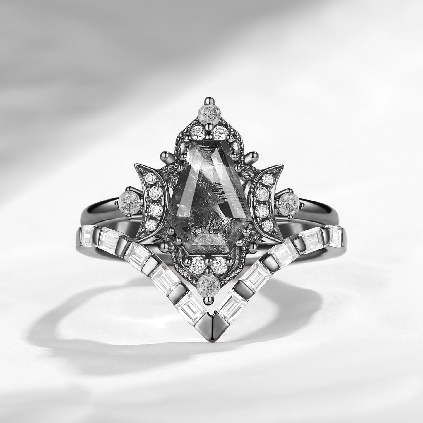 Crescent Moon | Curved Coffin Cut Herkimer Diamond Engagement Ring Set 2pcs