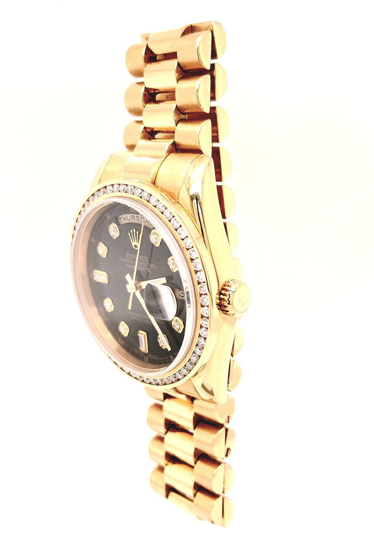 Gent's 18KY Pre-owned Rolex President w/Custom Black 8/2 Diamond Dial and Diamond Bezel Dial Circa:2000