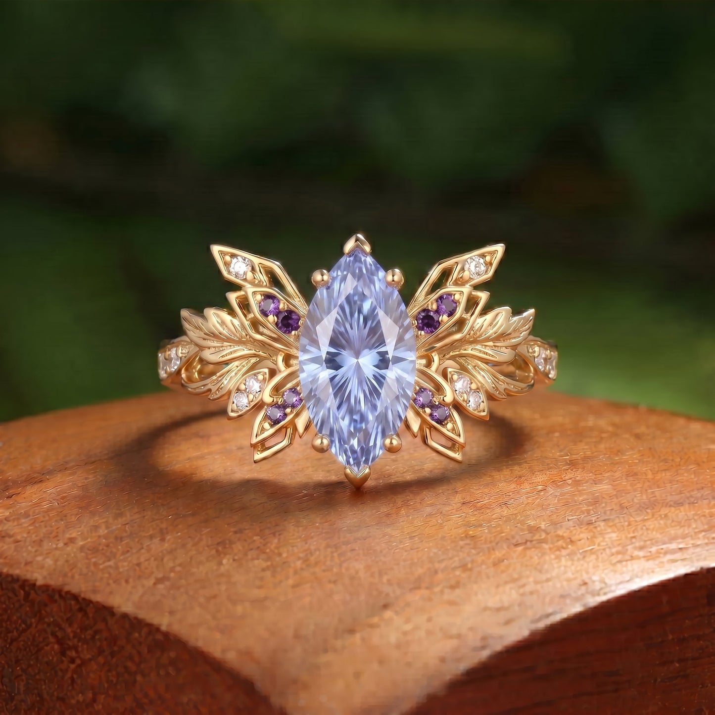 Butterfly Wing Forest Fairy Marquise Firework Cut Purple Sapphire Leafy Engagement Ring - Inara