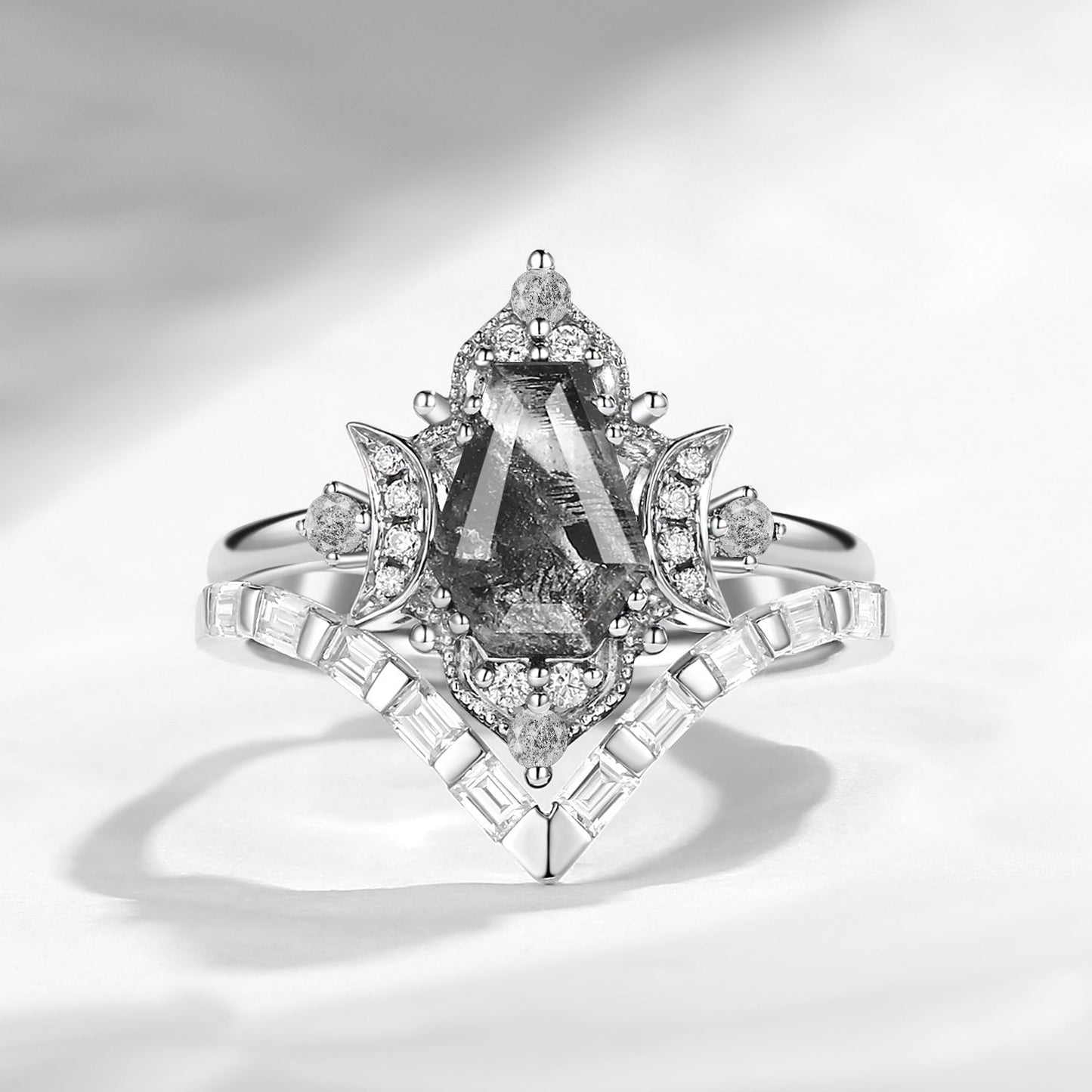 Crescent Moon | Curved Coffin Cut Herkimer Diamond Engagement Ring Set 2pcs
