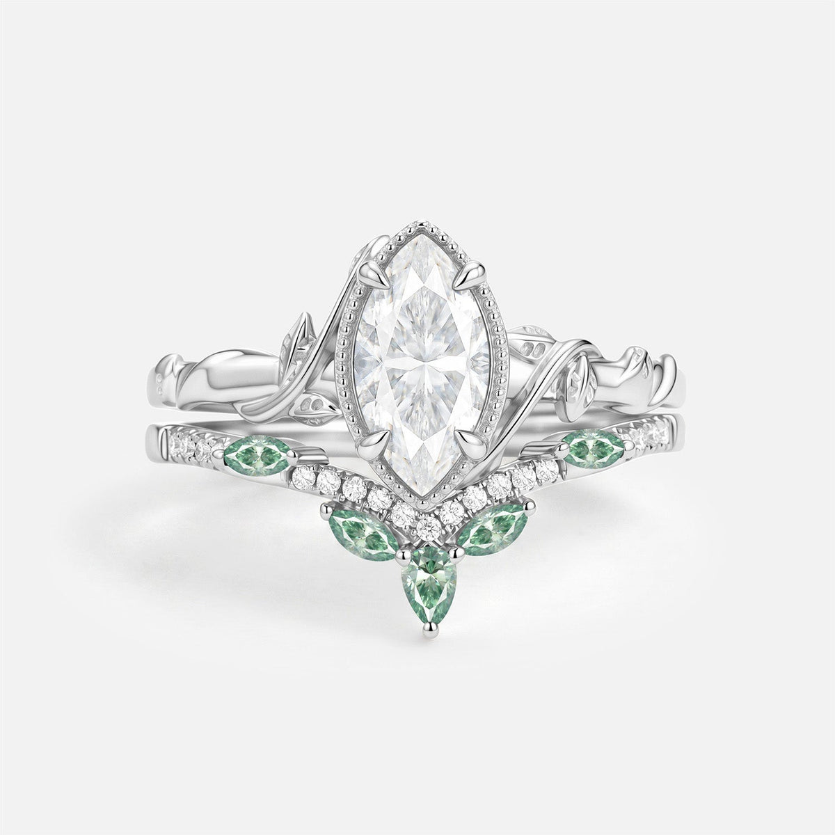 Luminous Reverie - Marquise Moissanite Leaf Bezel Vintage Engagement Ring Sets 2pcs - Verbena