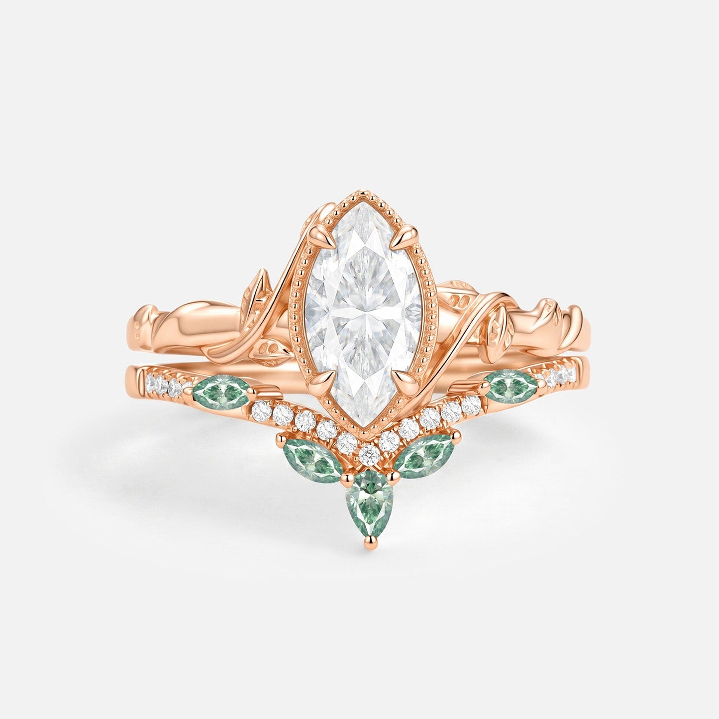 Luminous Reverie - Marquise Moissanite Leaf Bezel Vintage Engagement Ring Sets 2pcs - Verbena