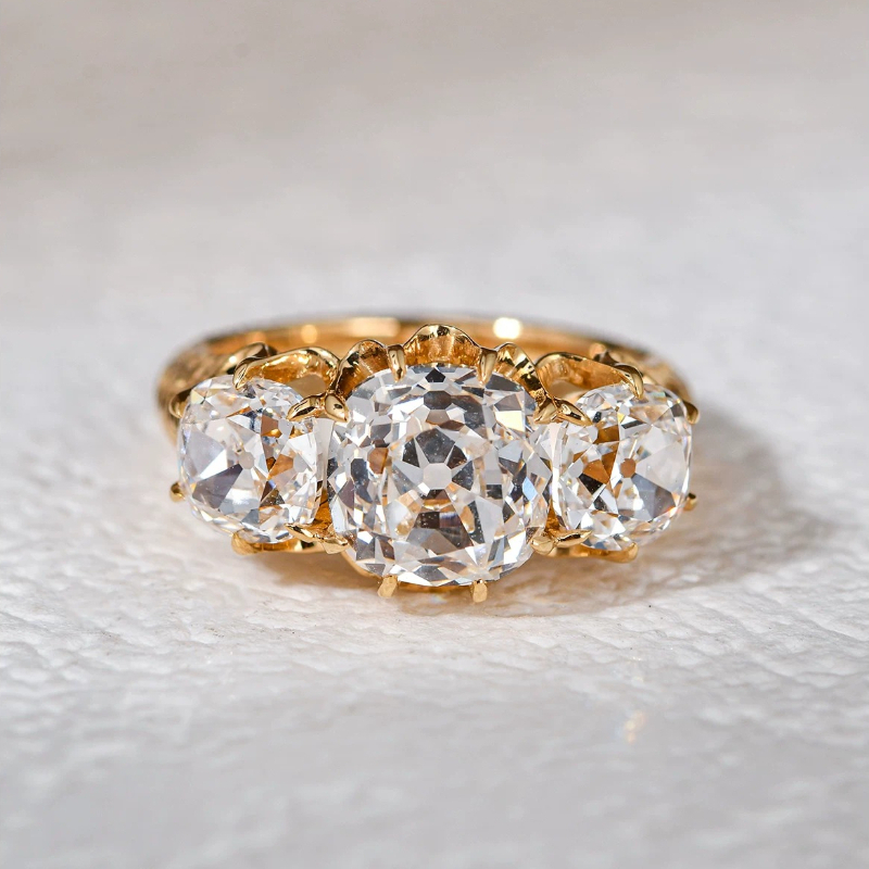 Vintage Three-Stone Cushion Cut Sterling Silver Textured Band Engagement Ring