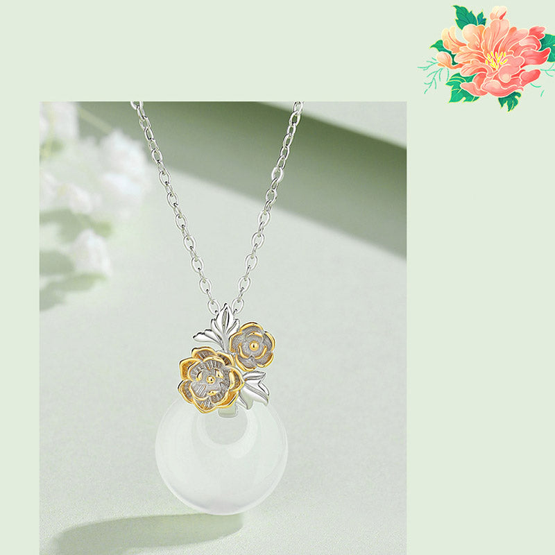 Fortune Jewel 925 Sterling Silver Round Chalcedony Twelve Months Flower Harmony Necklace Pendant