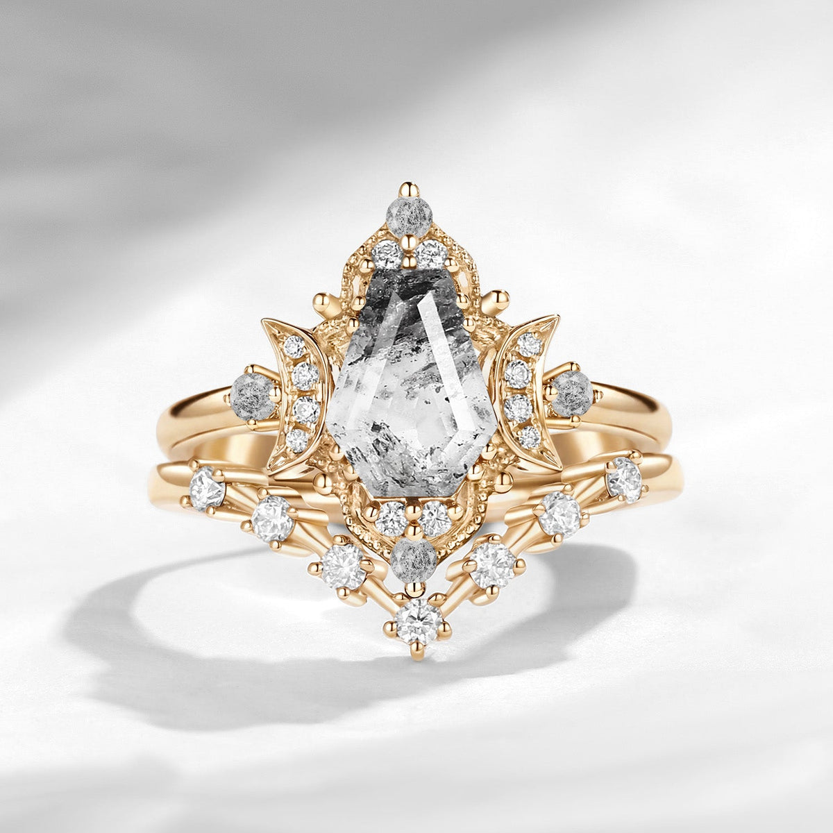 Crescent Moon | Coffin Cut Herkimer Diamond Galaxy Engagement Ring Set 2pcs