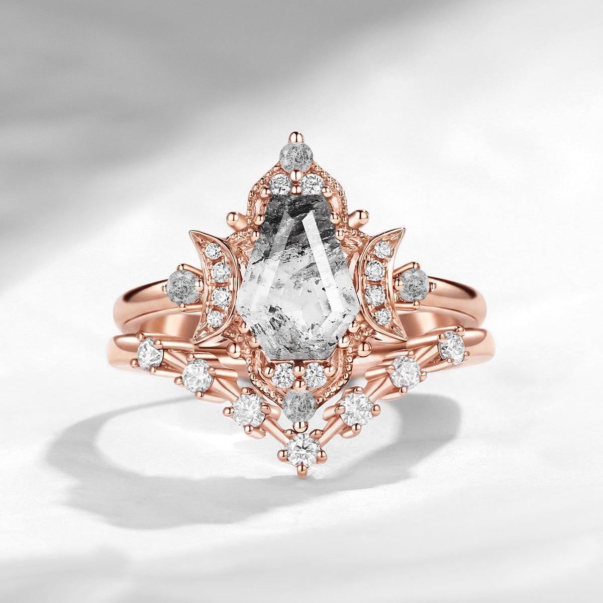 Crescent Moon | Coffin Cut Herkimer Diamond Galaxy Engagement Ring Set 2pcs