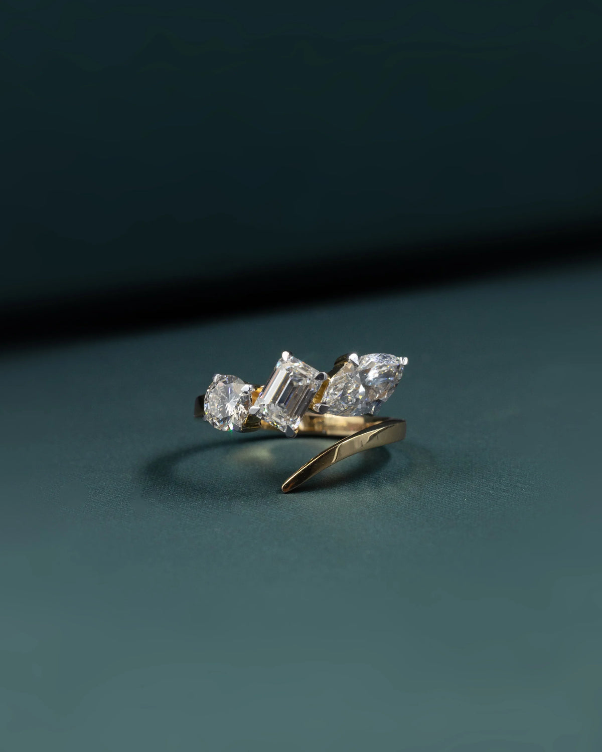2.47 CTW Emerald & Pear Cut CVD Lab-Grown Diamond Three-Stone Bypass Ring