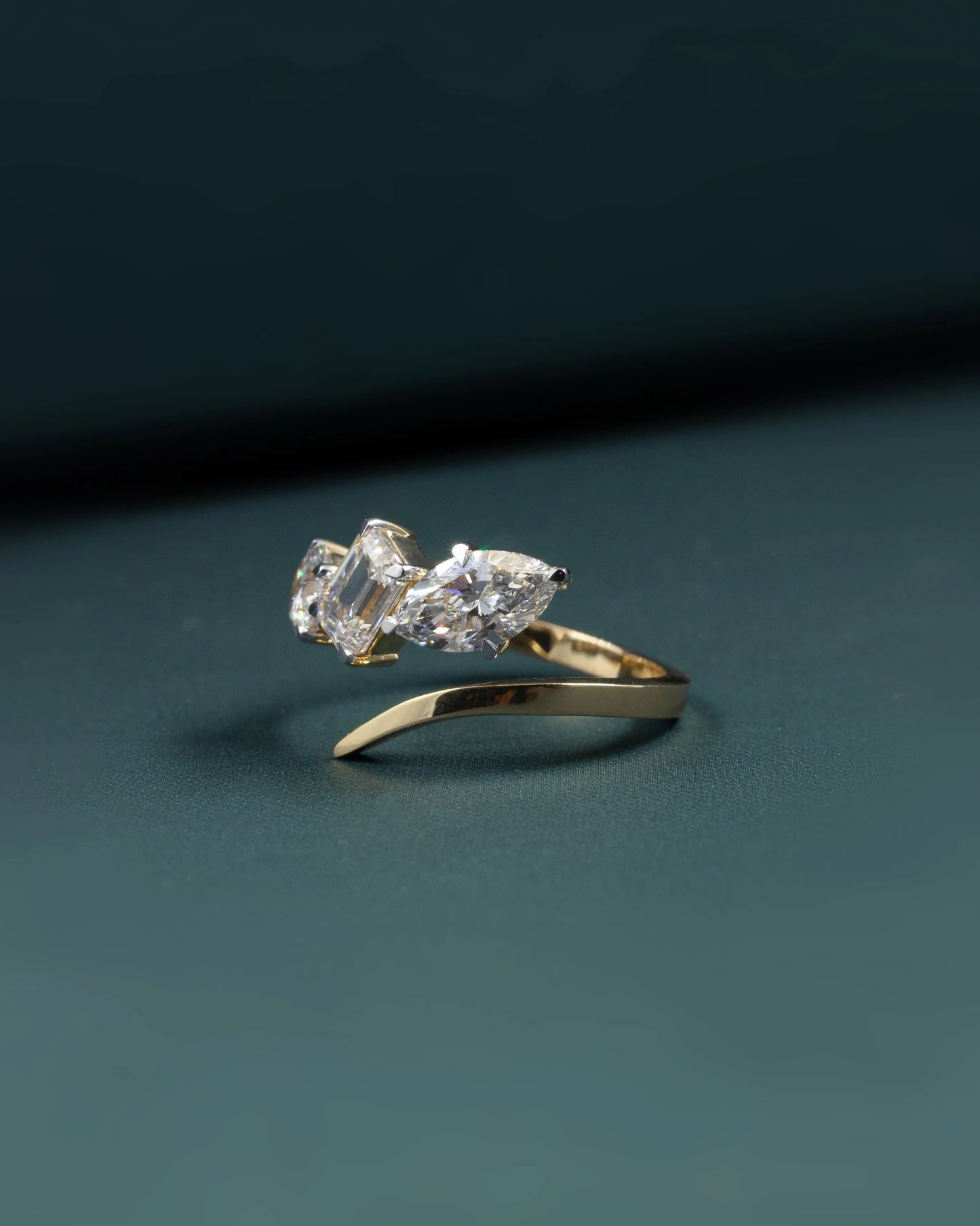 2.47 CTW Emerald & Pear Cut CVD Lab-Grown Diamond Three-Stone Bypass Ring