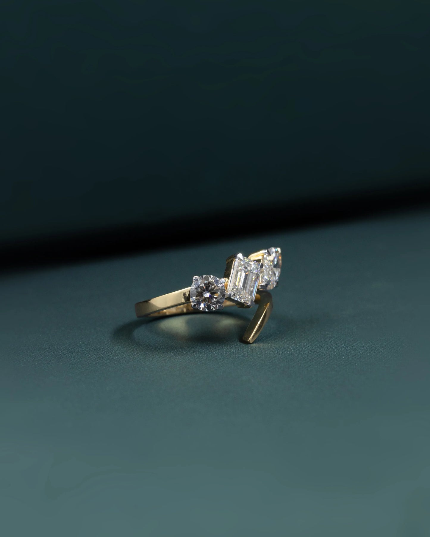 2.47 CTW Emerald & Pear Cut CVD Lab-Grown Diamond Three-Stone Bypass Ring