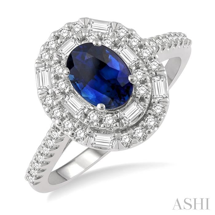 Oval Shape Gemstone & Baguette Halo Diamond Ring