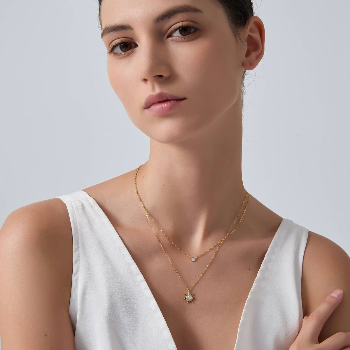Opal Sun Moon Double Chain Necklace in 925 Sterling Silver: Gold