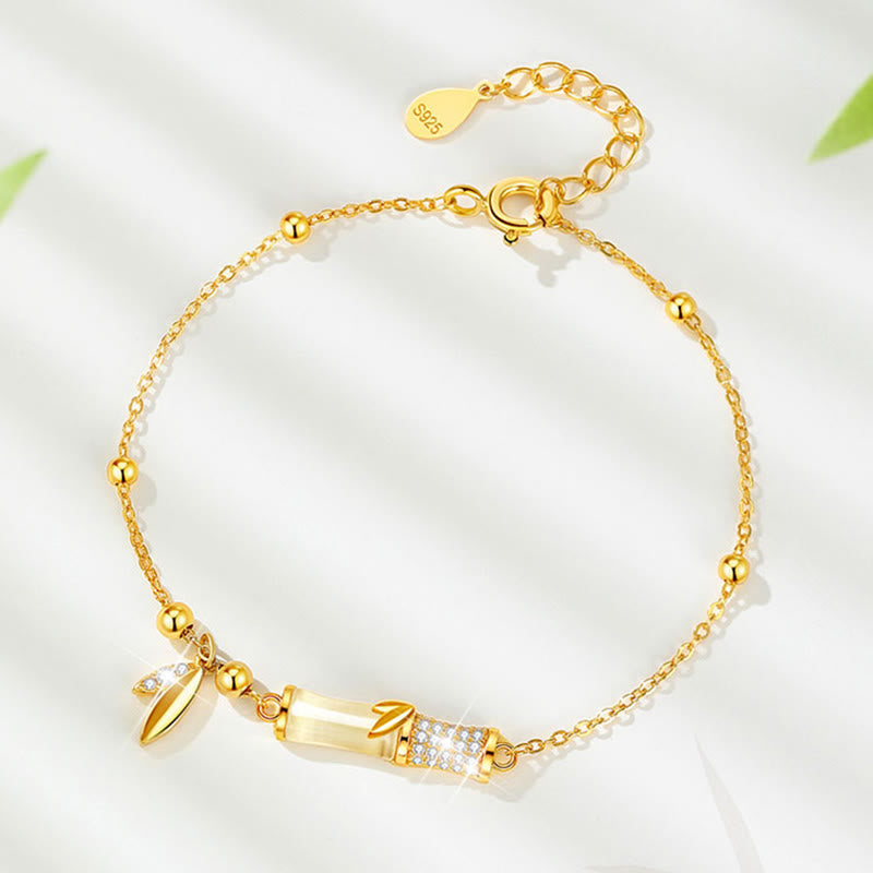 Fortune Jewel 925 Sterling Silver 18K Gold Plated White Jade Bamboo Zircon Leaf Luck Bracelet