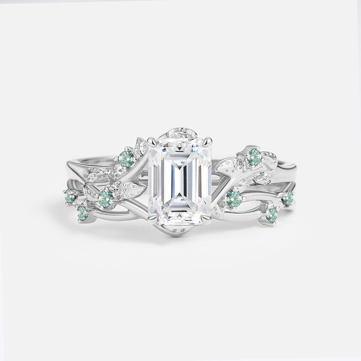 Luminous Reverie - Emerald Cut Moissanite Leaf Dainty Engagement Ring Sets 2pcs - Sparrow