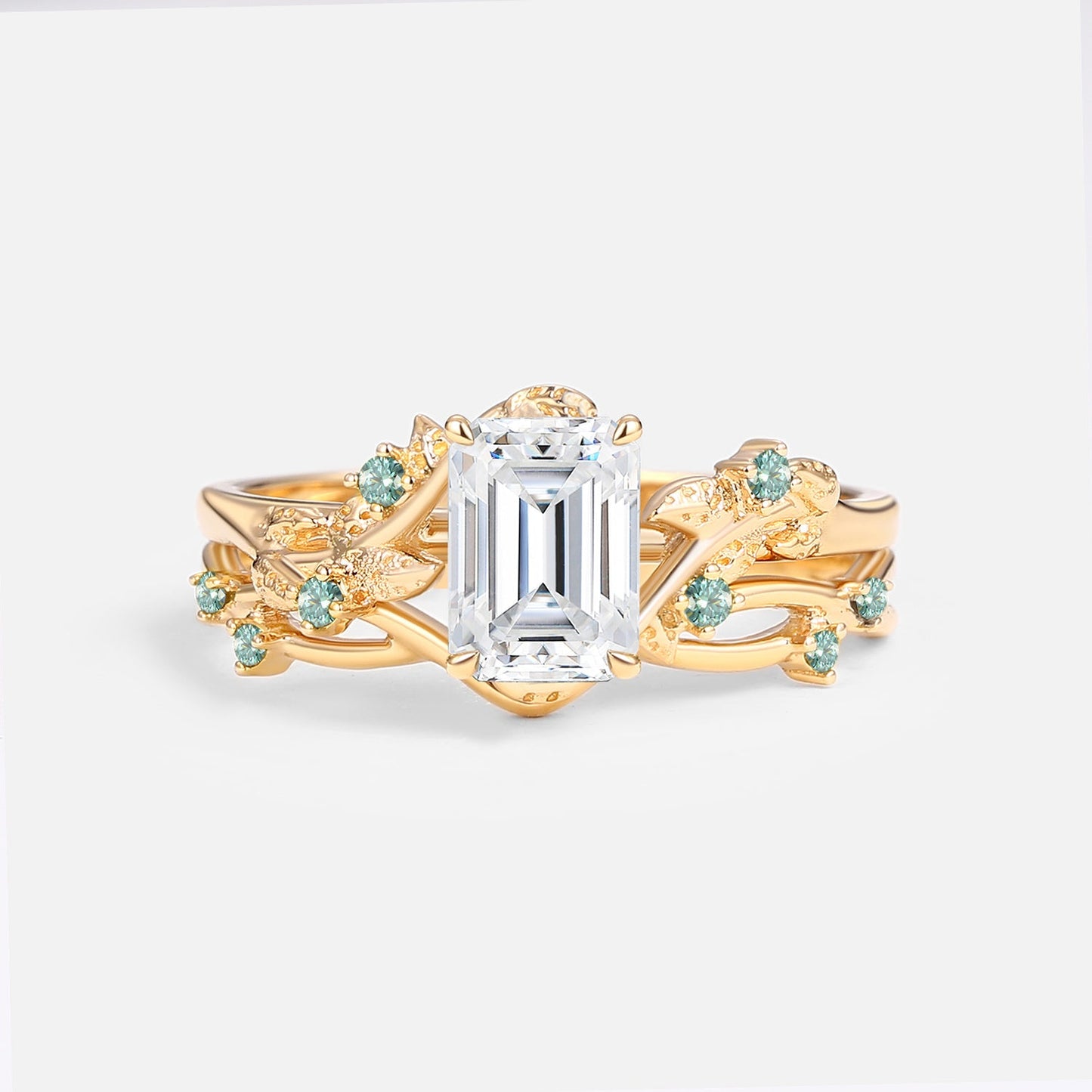 Luminous Reverie - Emerald Cut Moissanite Leaf Dainty Engagement Ring Sets 2pcs - Sparrow