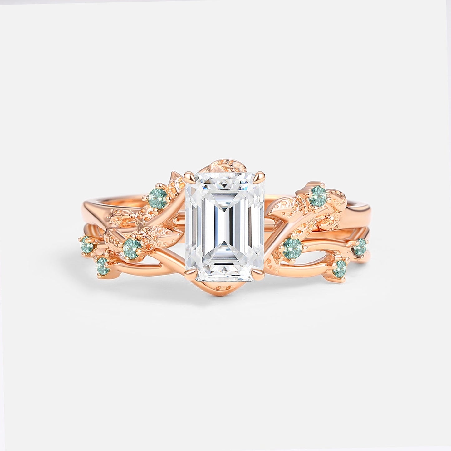 Luminous Reverie - Emerald Cut Moissanite Leaf Dainty Engagement Ring Sets 2pcs - Sparrow