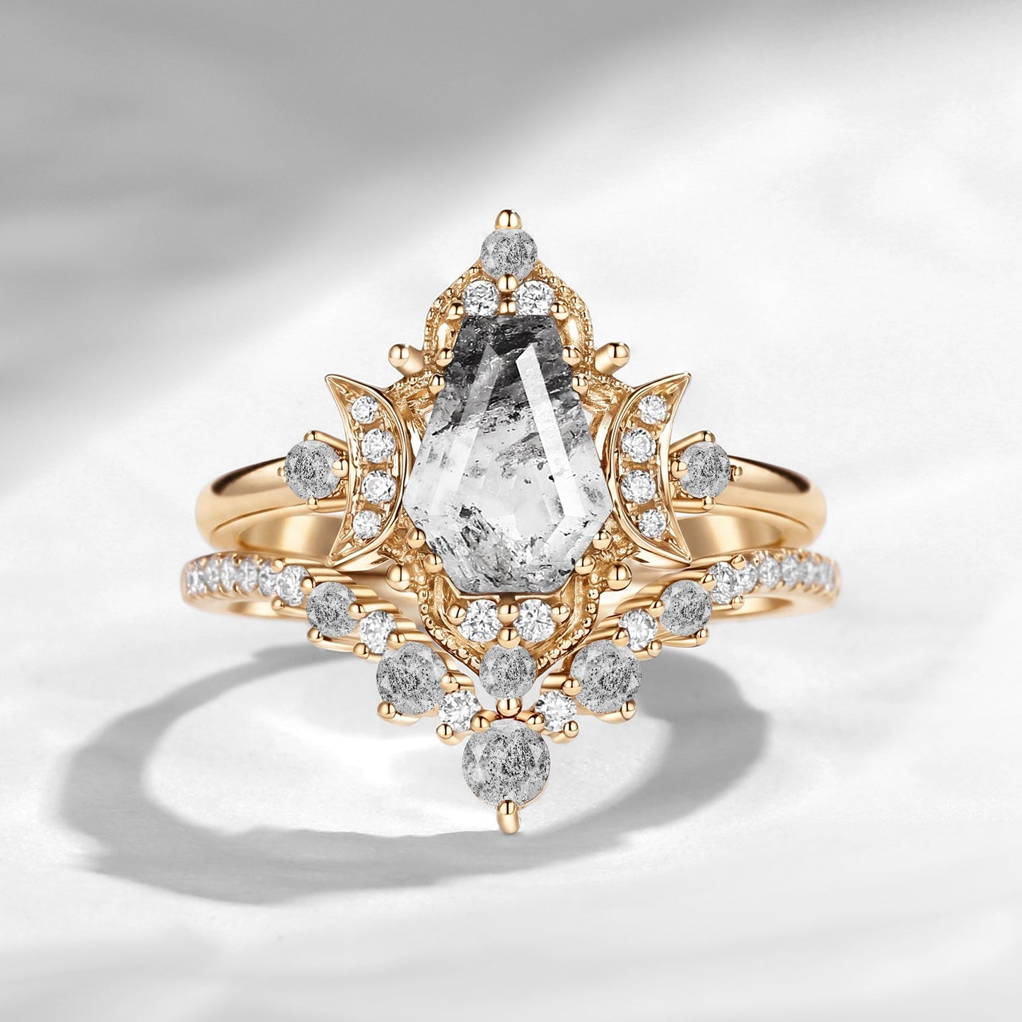 Crescent Moon | Unique Coffin Cut Herkimer Diamond Moon Inspired Engagement Ring Bridal Set 2pcs