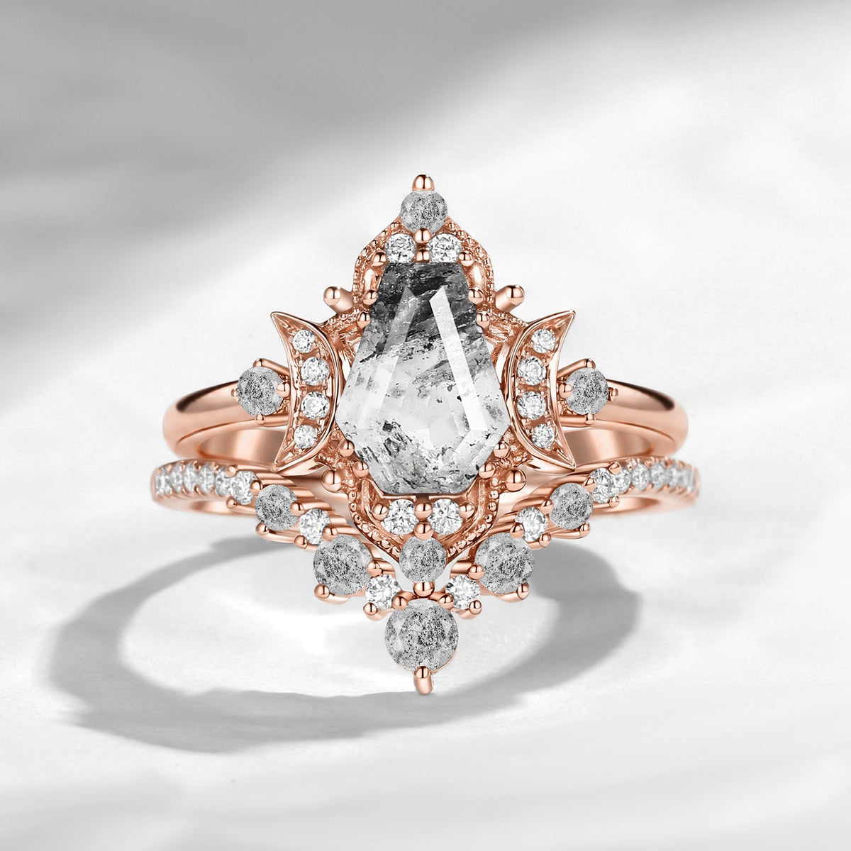 Crescent Moon | Unique Coffin Cut Herkimer Diamond Moon Inspired Engagement Ring Bridal Set 2pcs