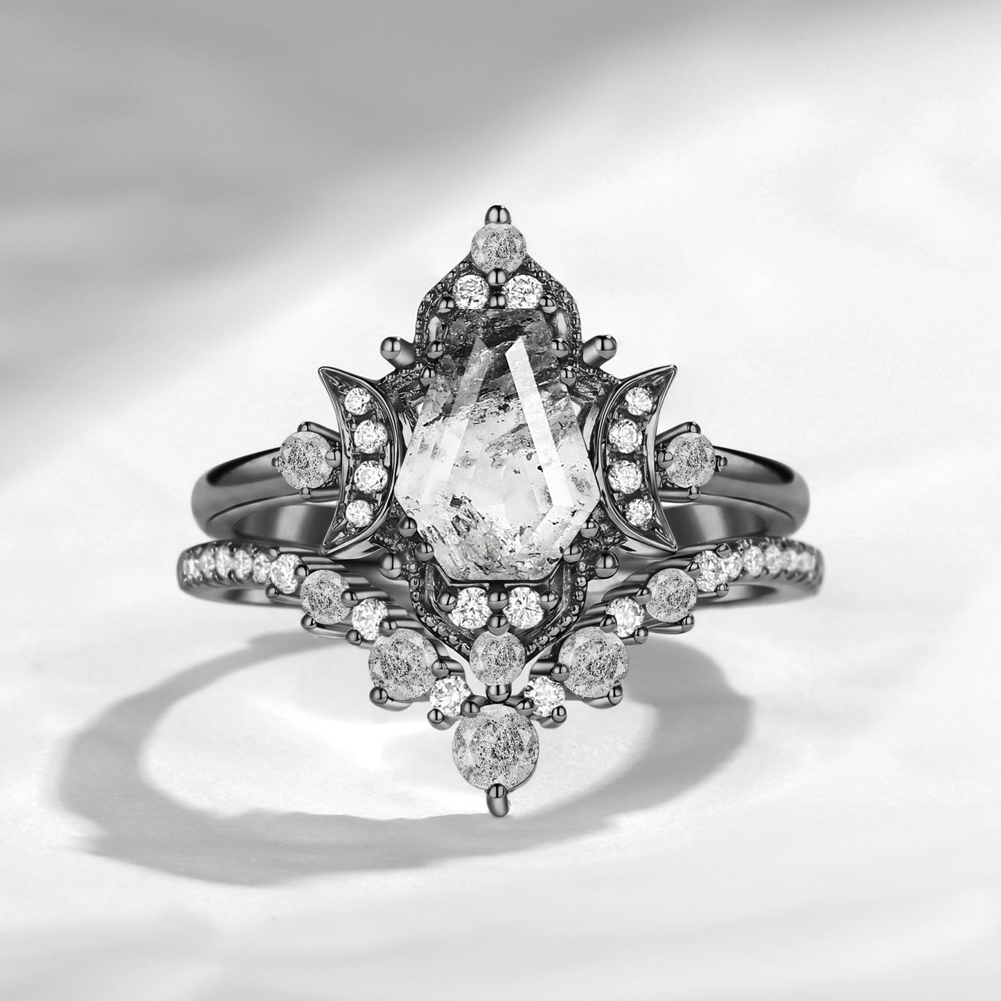 Crescent Moon | Unique Coffin Cut Herkimer Diamond Moon Inspired Engagement Ring Bridal Set 2pcs