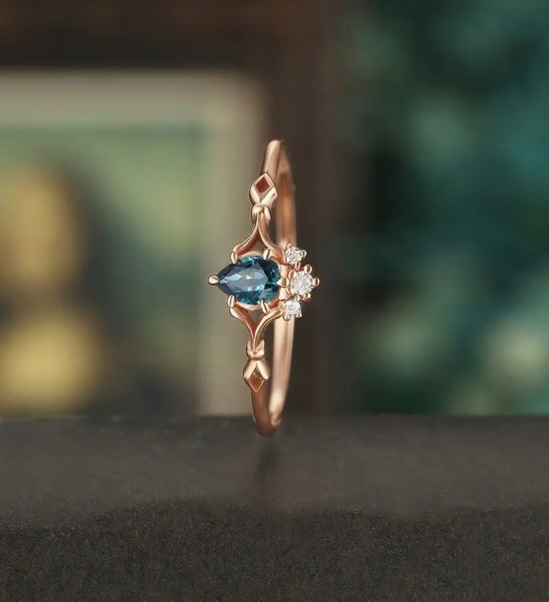 Teal Sapphire Engagement Ring Vintage Solid Gild Ring Pear Shaped Anniversary Ring Vintage Wedding Ring Bridal Promise Women Ring
