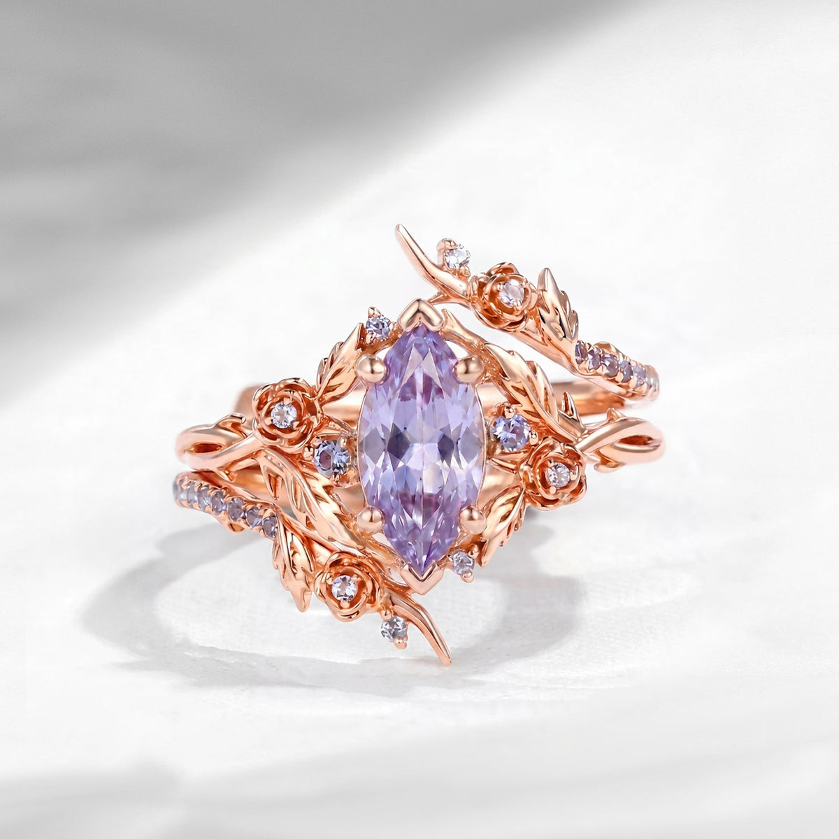 Thorns & Roses - Nature Inspired Marquise Lab Lavender Sapphire Twisted Engagement Ring Set with Flower & Vine Inspired Cage Ring Jacket