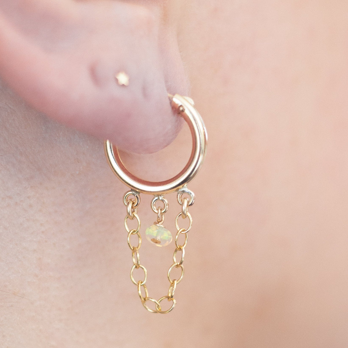 Opal Gemstone  And Chain Drop Hoop Earrings in 14 karat Gold fill / READY TO SHIP