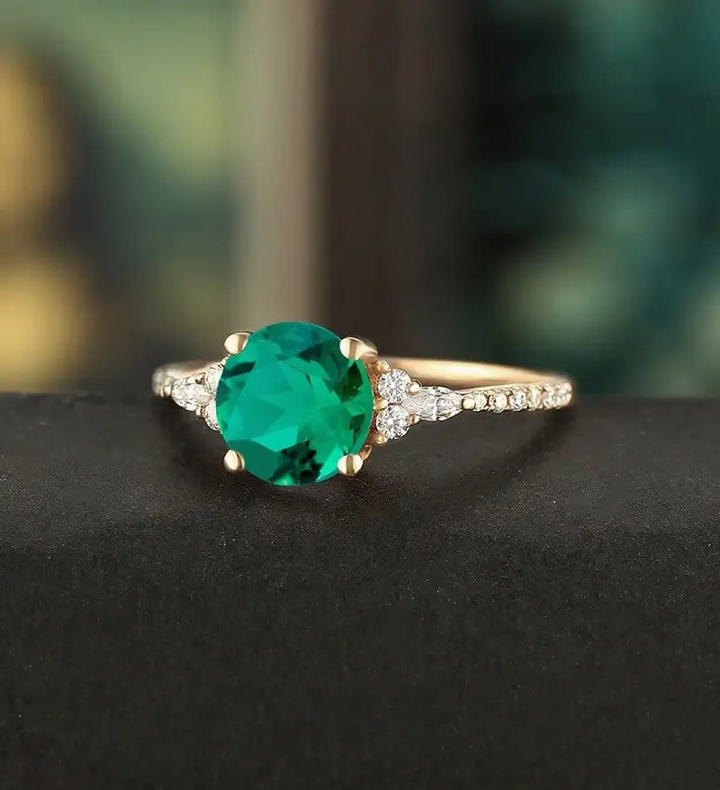 7mm Round Cut Lab Emerald Engagement Ring Marquise Cut Moissanite Wedding Ring Vintage White Gold Bridal Ring Promise Diamond Wedding Ring Half Eternity Anniversary Ring