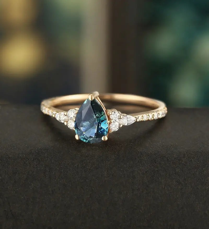 Teal Sapphire Engagement Ring Vintage Solid Gild Ring Pear Shaped Anniversary Ring Vintage Wedding Ring Bridal Promise Women Ring