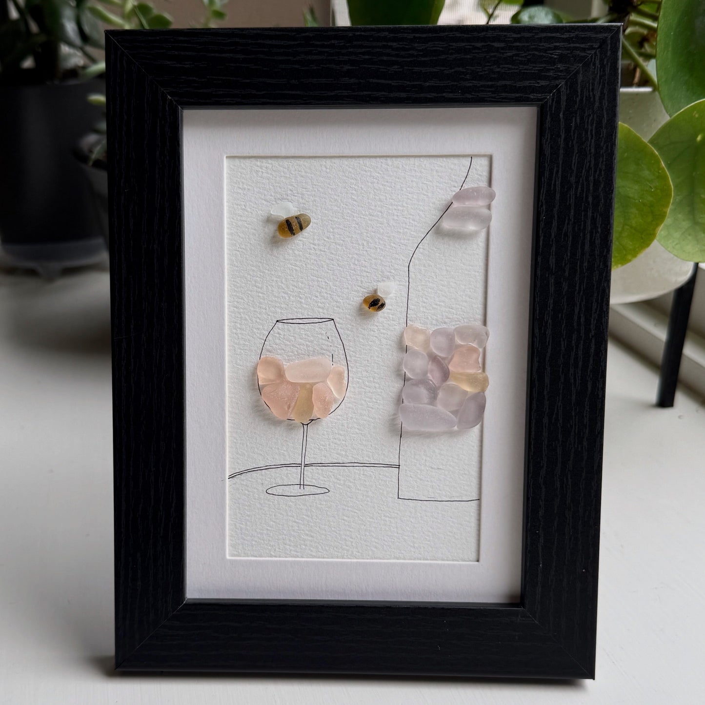 Pink Wine Bistro Sea Glass Art| Framed Wall Art Bar Décor | Handmade Hostess Gift
