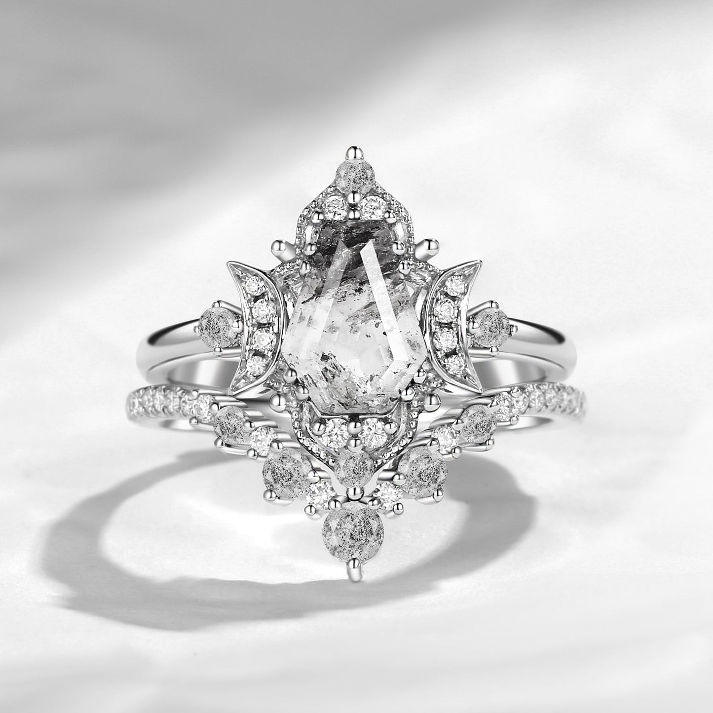 Crescent Moon | Unique Coffin Cut Herkimer Diamond Moon Inspired Engagement Ring Bridal Set 2pcs