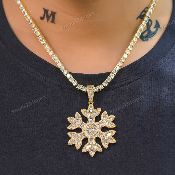 Baguette Moissanite Sterling Silver Flowery Snowflake Pendant