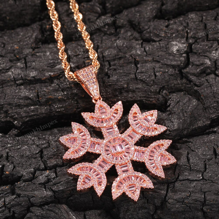 Baguette Moissanite Sterling Silver Flowery Snowflake Pendant