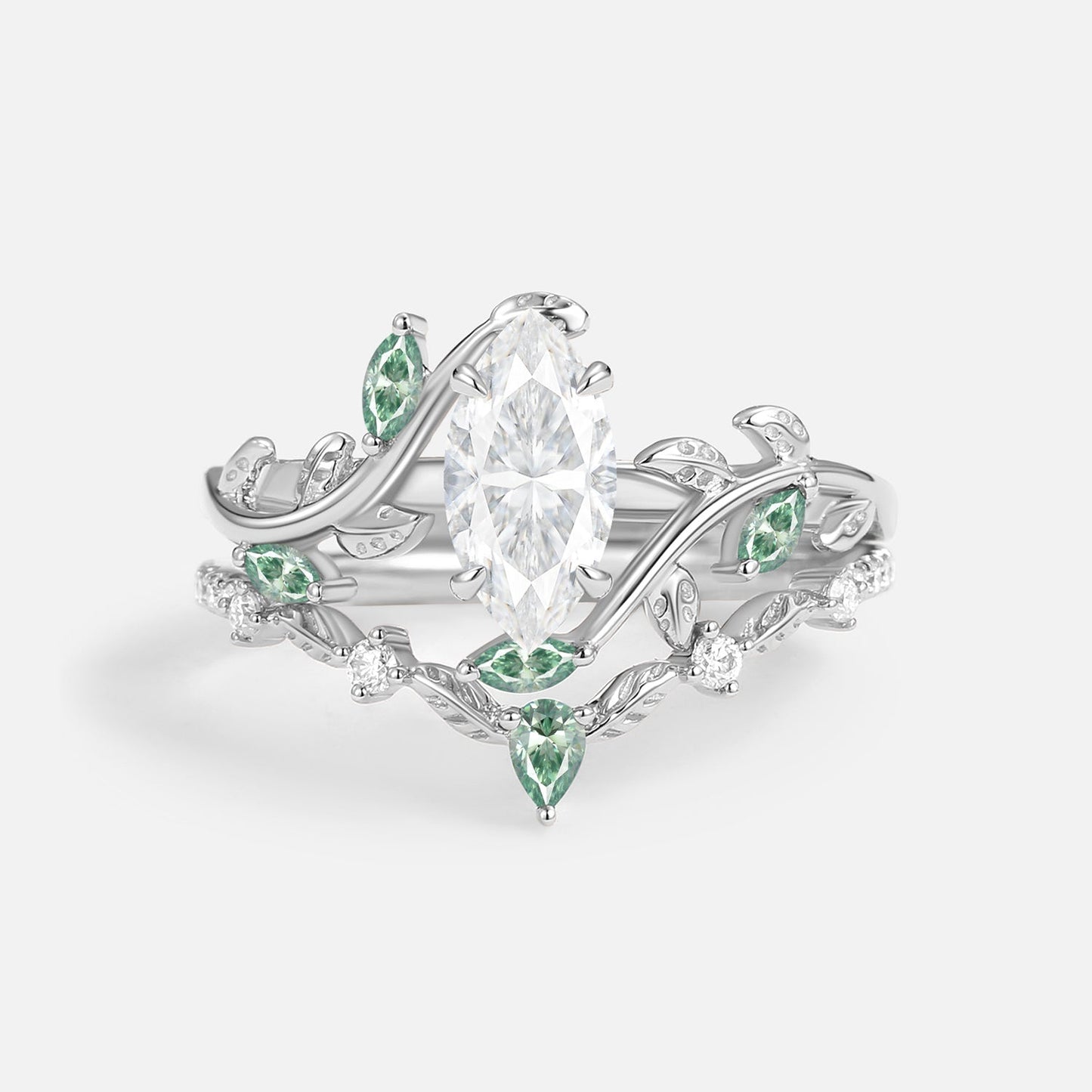 Luminous Reverie - Marquise Green Moissanite Leaf Dainty Engagement Ring Sets 2pcs - Myrtle