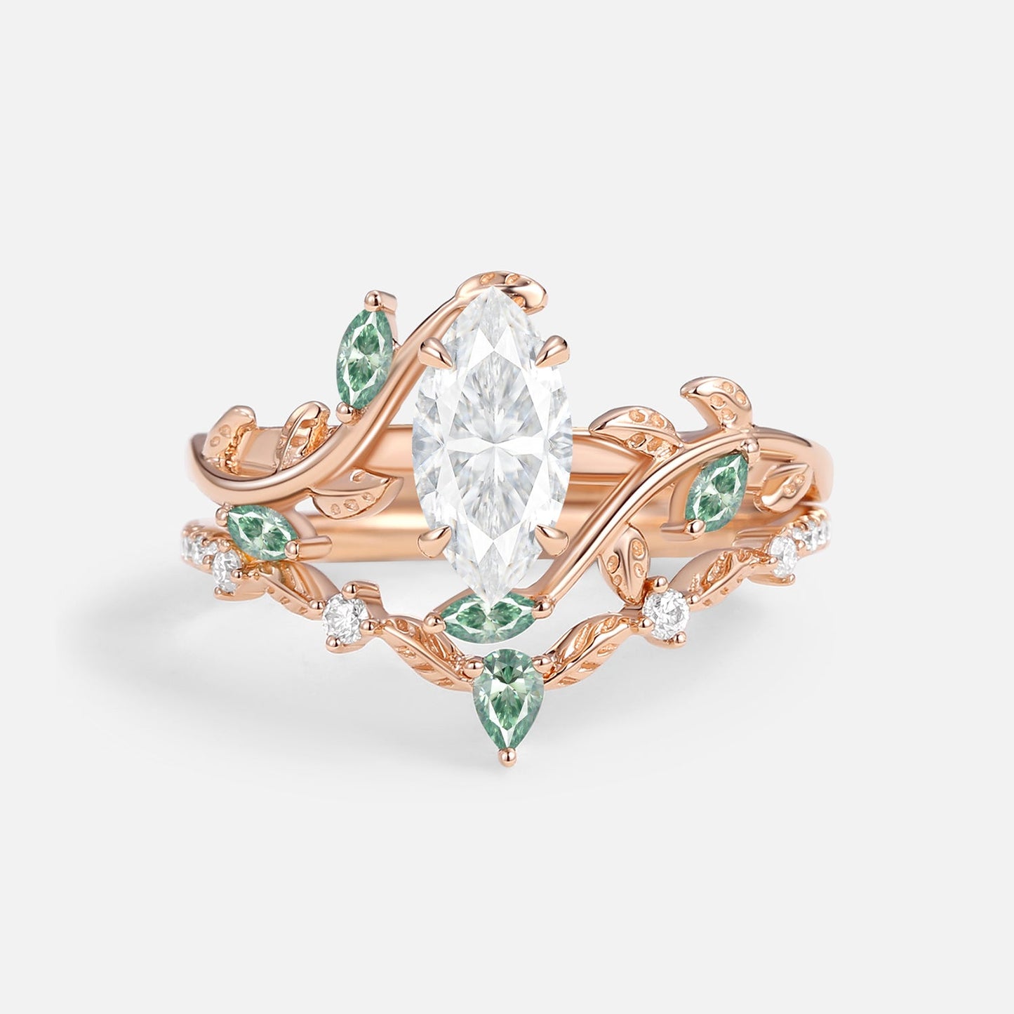 Luminous Reverie - Marquise Green Moissanite Leaf Dainty Engagement Ring Sets 2pcs - Myrtle