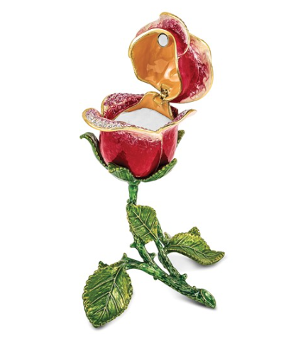 Bejeweled "Rosette" Rose Ring Holder Trinket Box with Matching Necklace