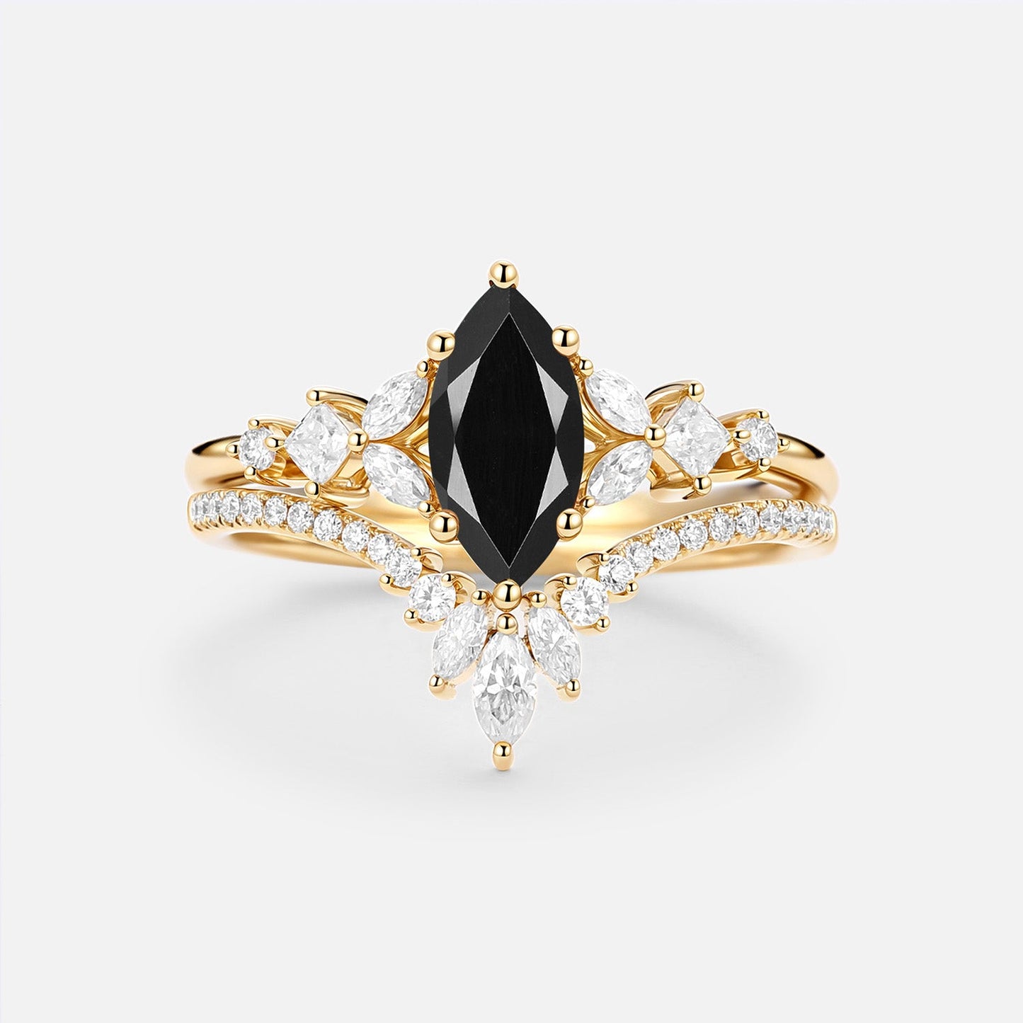 Luminous Reverie - Marquise Black Moissanite Vintage Engagement Ring Sets 2pcs - Renate