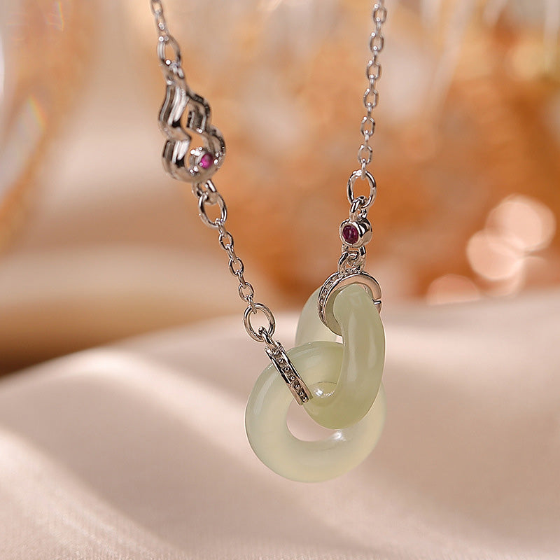 Fortune Jewel 925 Sterling Silver Round Jade Luck Prosperity Necklace Chain Pendant