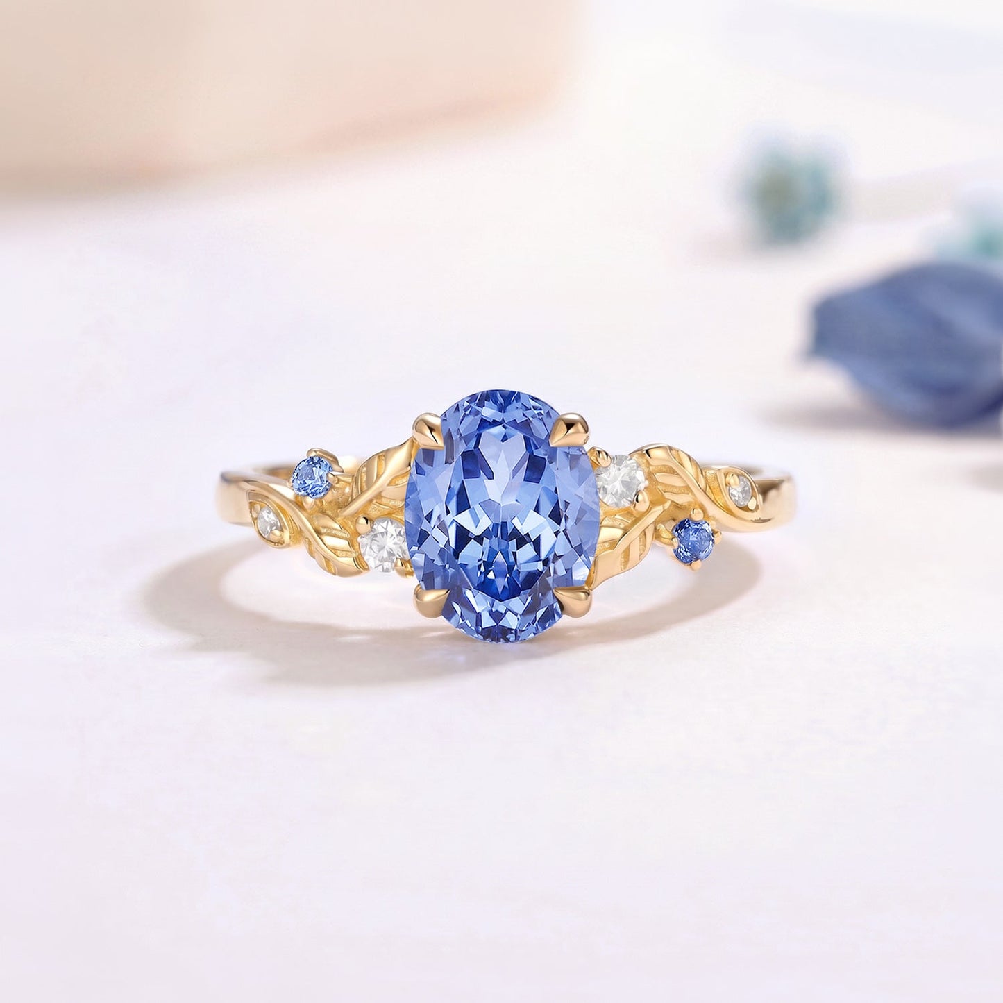 Oval Cut Lab Cornflower Sapphire Cluster Engagement Ring - Odette