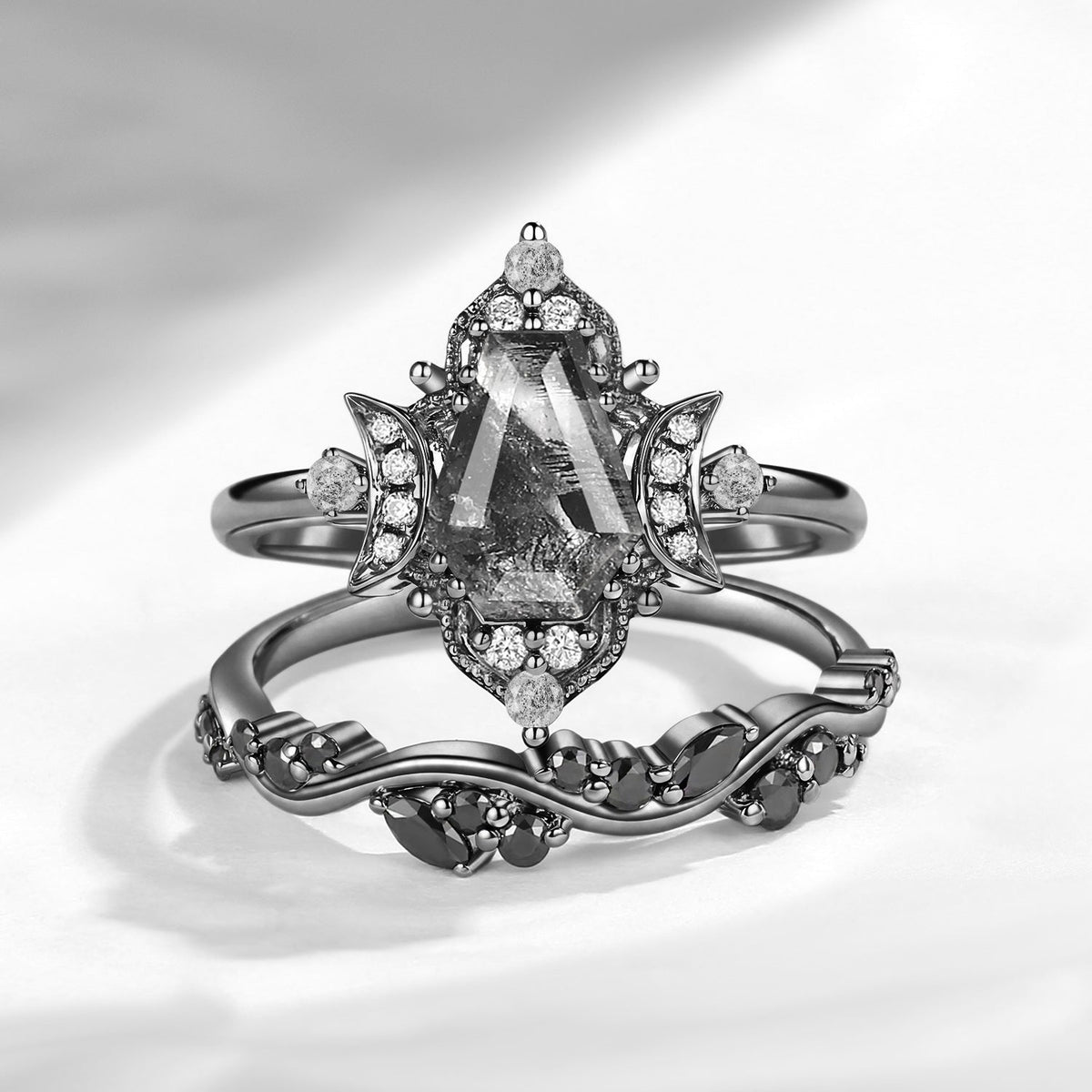 Crescent Moon | Nature Inspired Coffin Cut Herkimer Diamond Vintage Vine Engagement Ring Set 2pcs