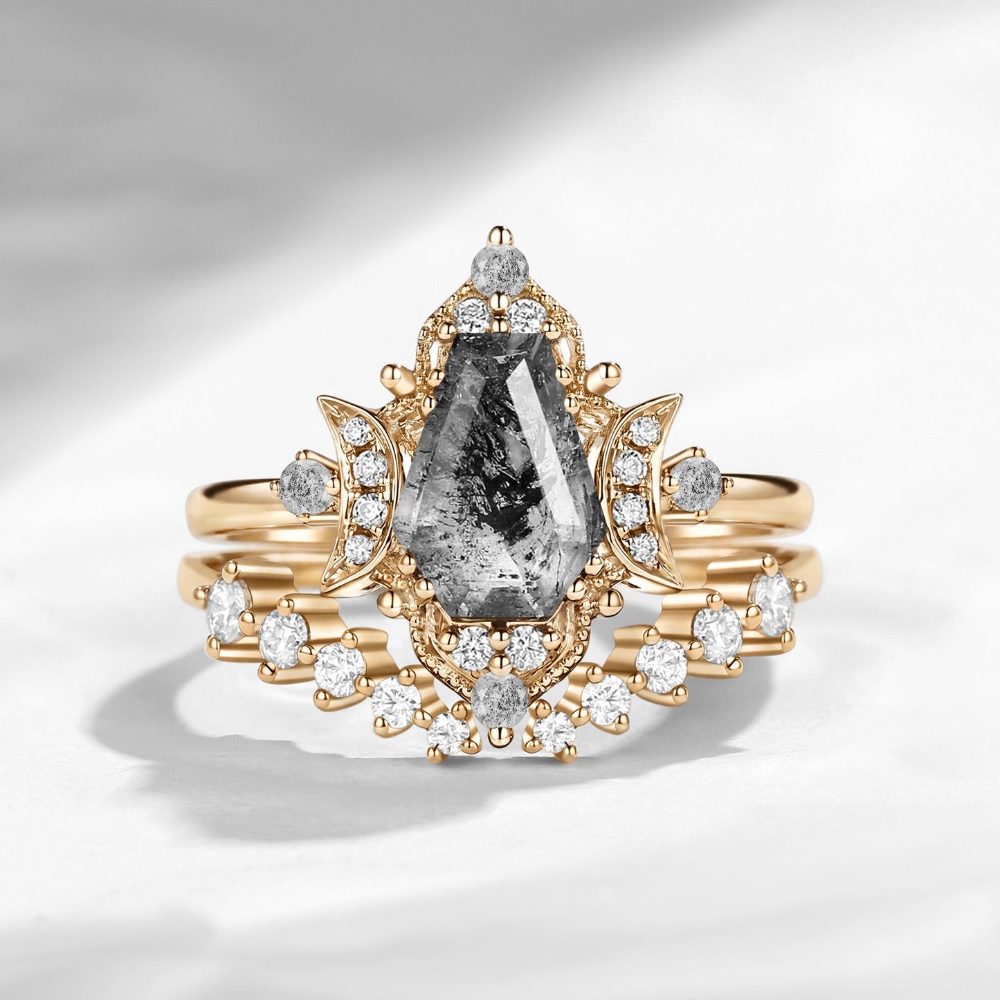 Crescent Moon | Unique Vintage Style Coffin Cut Herkimer Diamond Retro Engagement Ring Set 2pcs