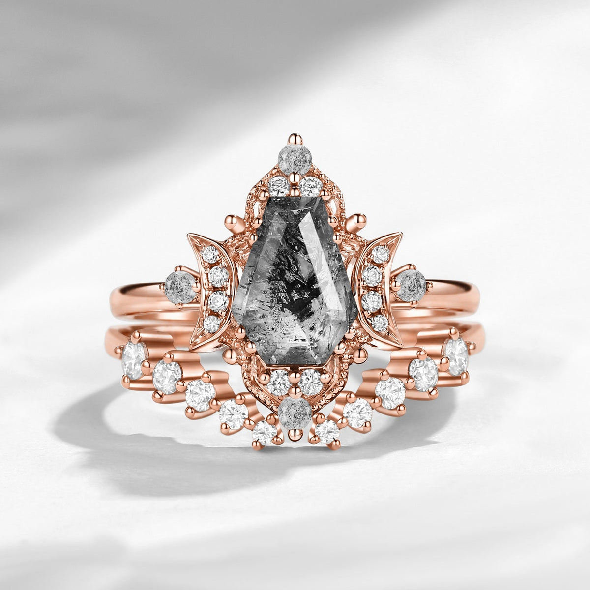 Crescent Moon | Unique Vintage Style Coffin Cut Herkimer Diamond Retro Engagement Ring Set 2pcs