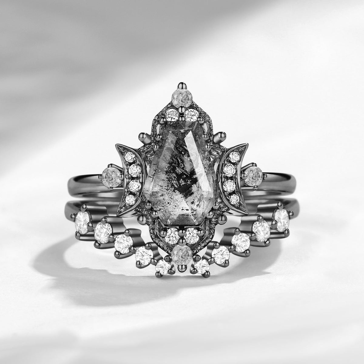 Crescent Moon | Unique Vintage Style Coffin Cut Herkimer Diamond Retro Engagement Ring Set 2pcs