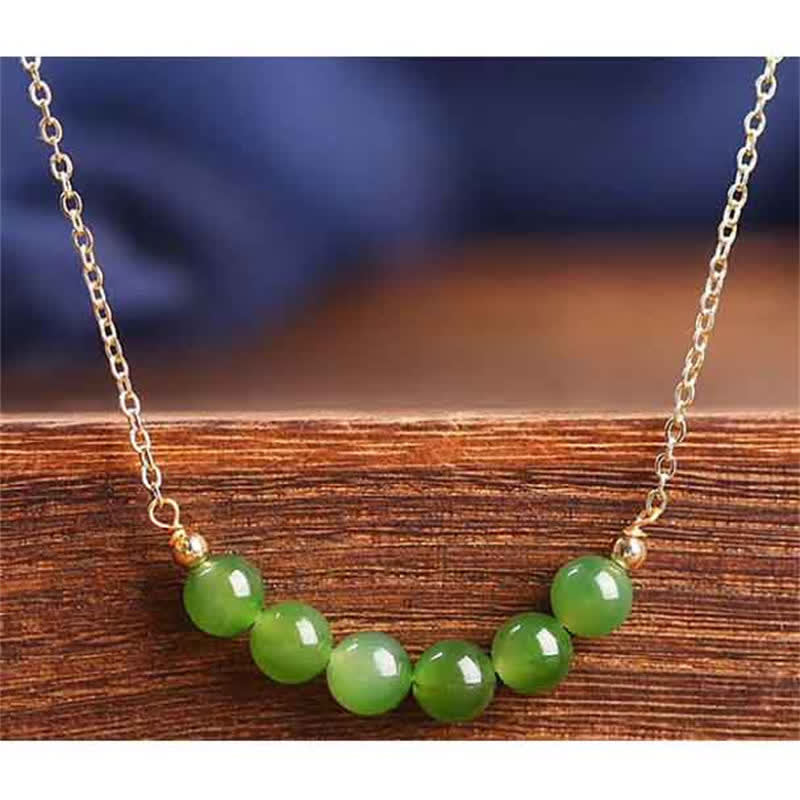 Fortune Jewel 14k Gold Plated Hetian Cyan Jade Beaded Luck Necklace Pendant