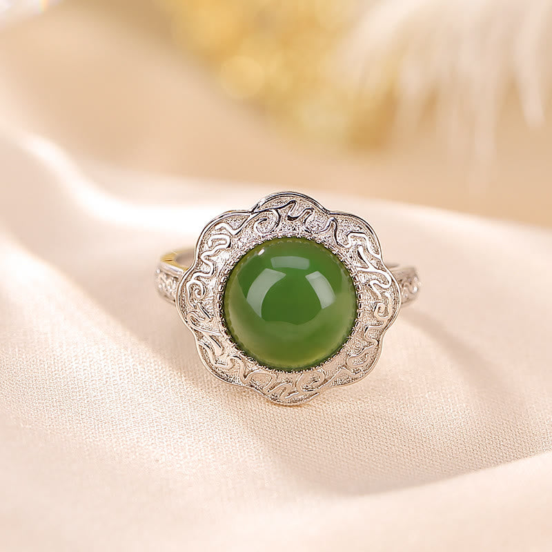 Fortune Jewel 925 Sterling Silver Hetian Cyan Jade Flower Design Luck Adjustable Ring