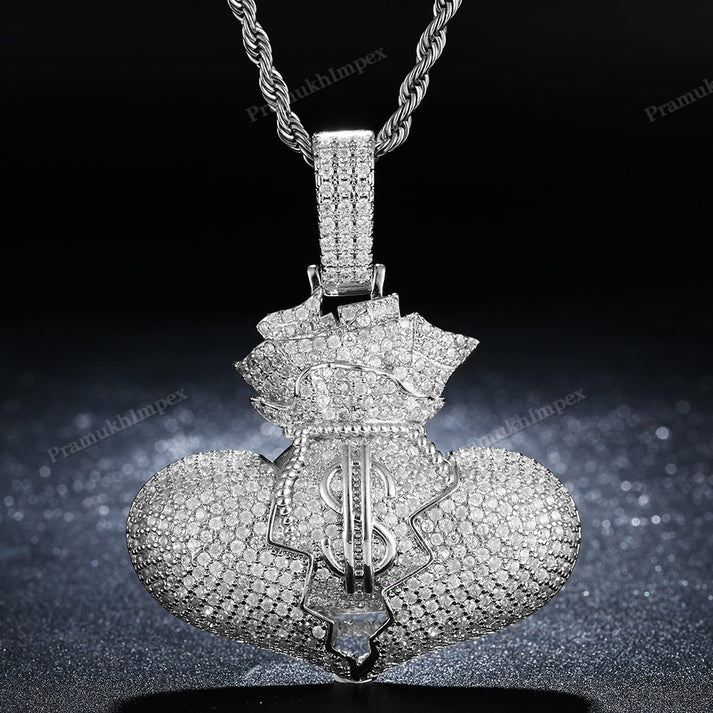 Moissanite Sterling Silver Gold Plated Broken heart money bag pendant