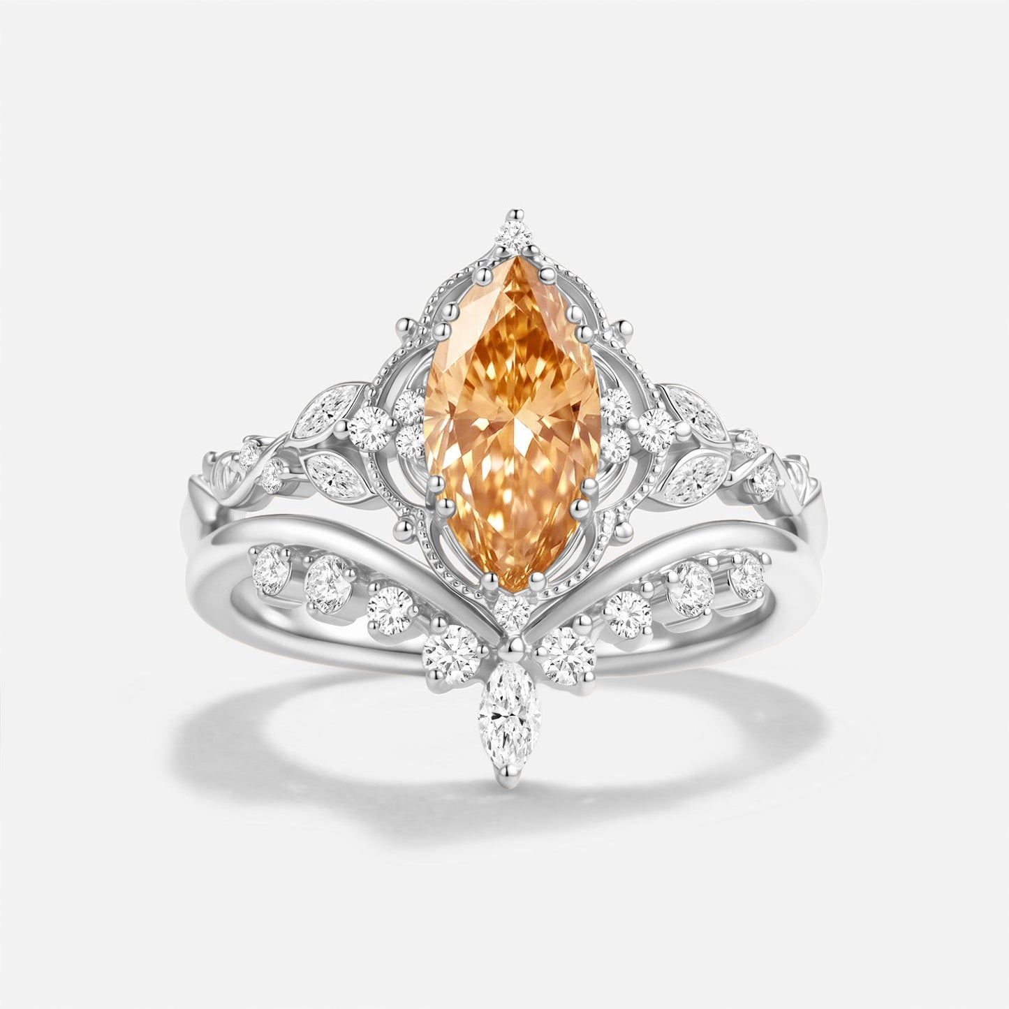 Luminous Reverie - Marquise Champagne Moissanite Leaf Vintag Engagement Ring Sets 2pcs - Calliope