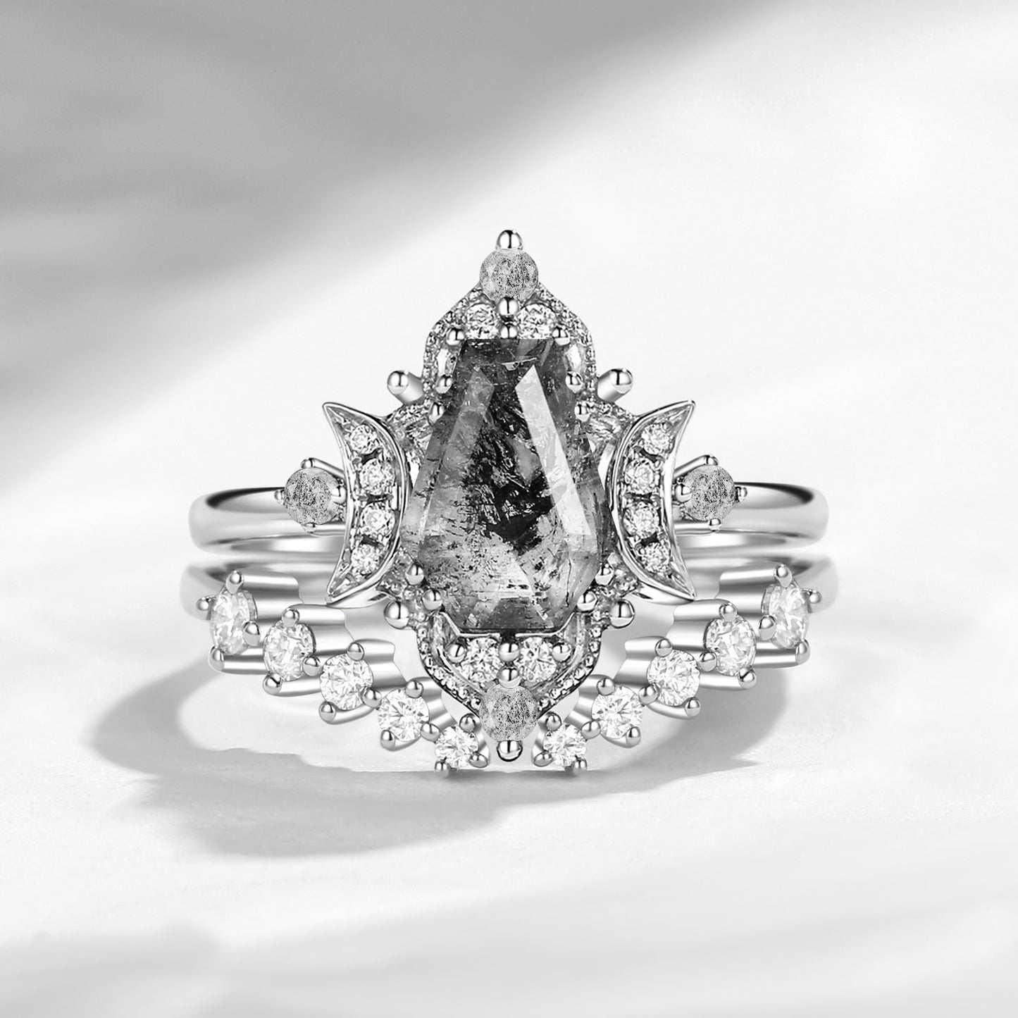 Crescent Moon | Unique Vintage Style Coffin Cut Herkimer Diamond Retro Engagement Ring Set 2pcs
