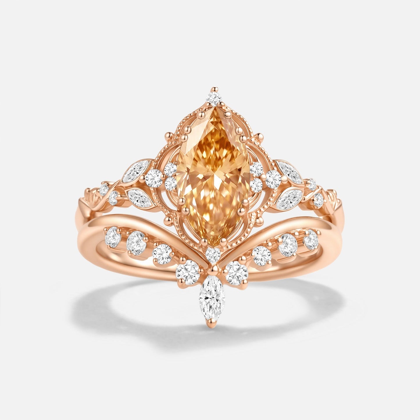 Luminous Reverie - Marquise Champagne Moissanite Leaf Vintag Engagement Ring Sets 2pcs - Calliope