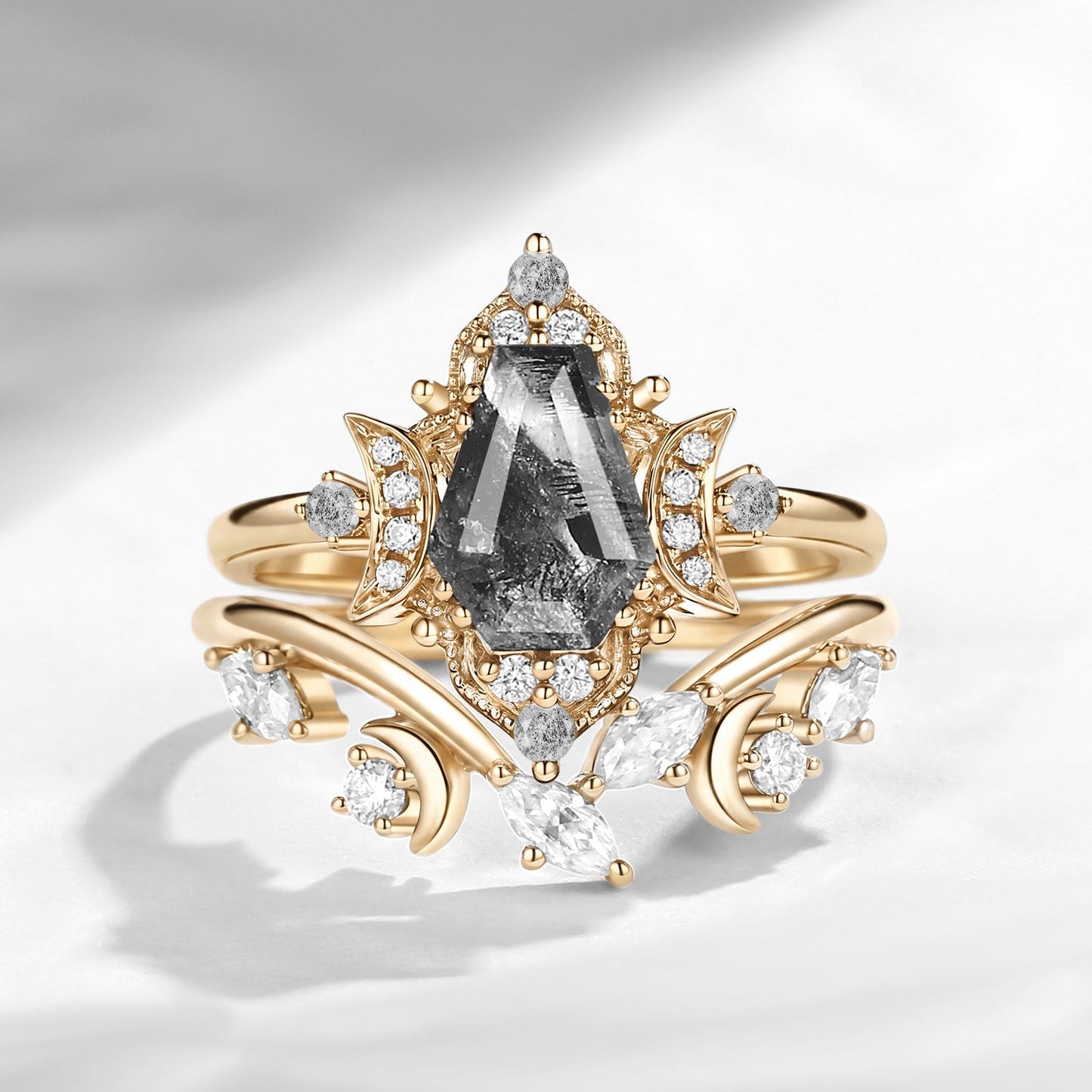 Crescent Moon | Retro Coffin Cut Herkimer Diamond Moon Engagement Ring Bridal Set 2pcs